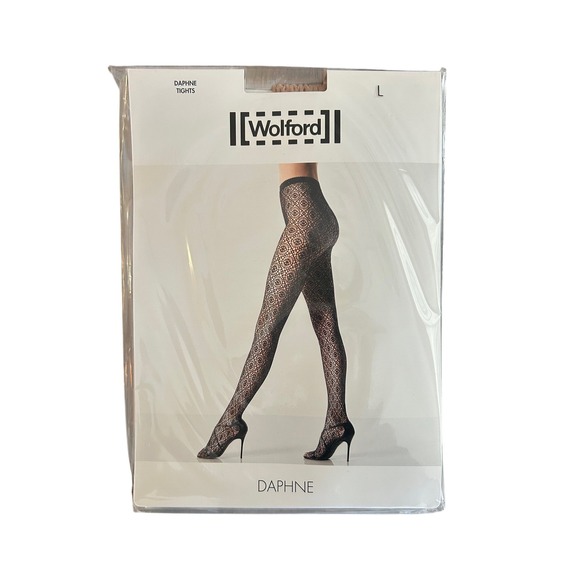 Wolford Daphne Boutique Tan Smoothie Lace Pattern‎ Tights Size L Sheer Stretch